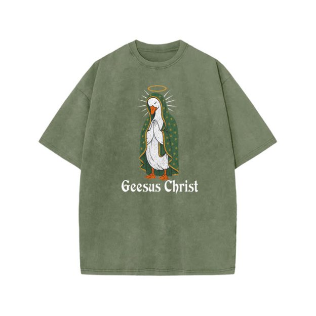 Geesus Christ Halo Goose Graphic Print Acid Washed T-shirt - Army Green - US20-22(3XL) - image 5