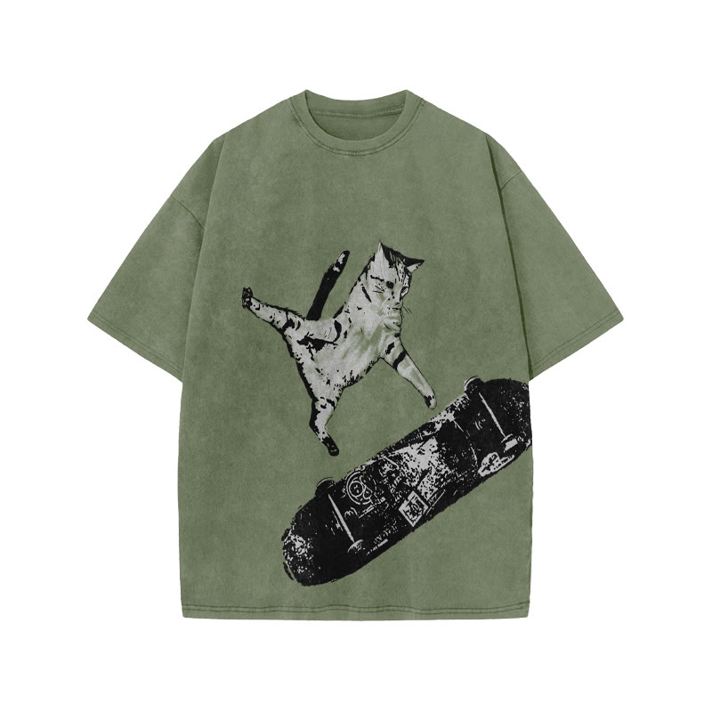 Unisex 100% Cotton Street Skate Cat Print Acid Washed T-shirt - Army Green - US20-22(3XL) - image 5