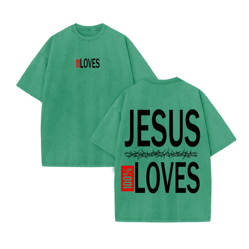 Unisex 100% Cotton Jesus 100% Loves Print Acid Washed T-shirt - Green - US20-22(3XL) - image 7