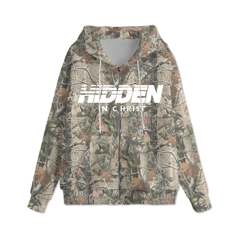 Unisex Hidden In Christ Dead Leaves Camouflage Print Long Sleeve Zipper Hoodie - Green - US28-30(4XL) - image 3