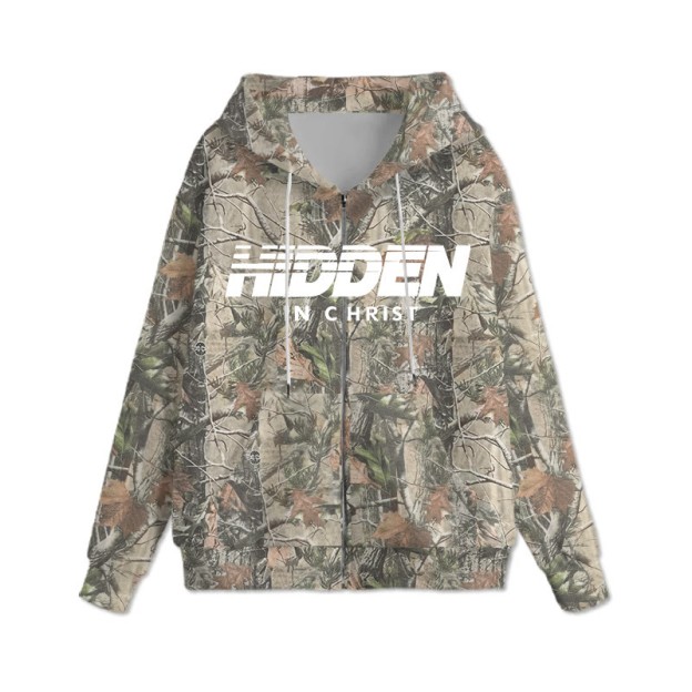 Unisex Hidden In Christ Dead Leaves Camouflage Print Long Sleeve Zipper Hoodie - Green - US28-30(4XL) - image 3