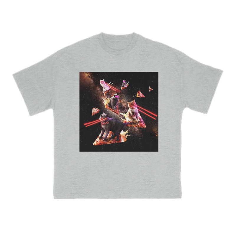 Unisex 100% Cotton Cats Driving Pizza Spaceships Print T-shirt - Grey - US16-18(2XL) - image 3