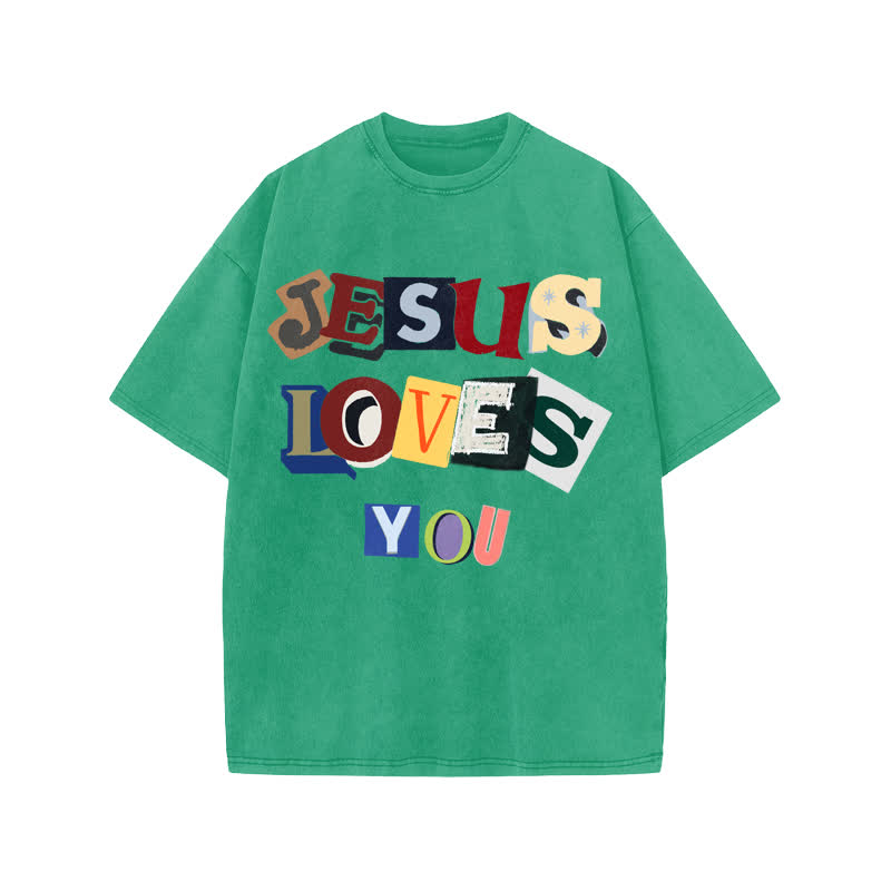 Unisex 100% Cotton JESUS LOVES YOU Print Acid Washed T-shirt - Green - US20-22(3XL) - image 6
