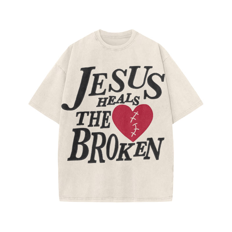 Unisex Jesus Heals The Broken Print Acid Washed T-shirt - Beige - US20-22(3XL) - image 5