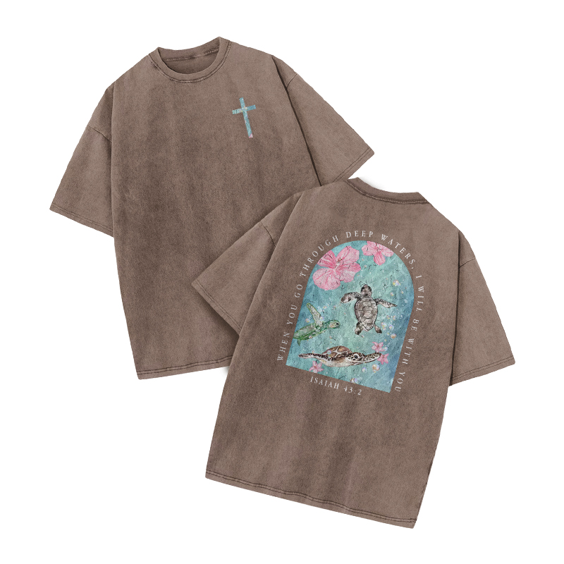 When You Go Through Deep Waters, I Will Be With You Print Acid Washed T-shirt - Coffee - US20-22(3XL) - image 4