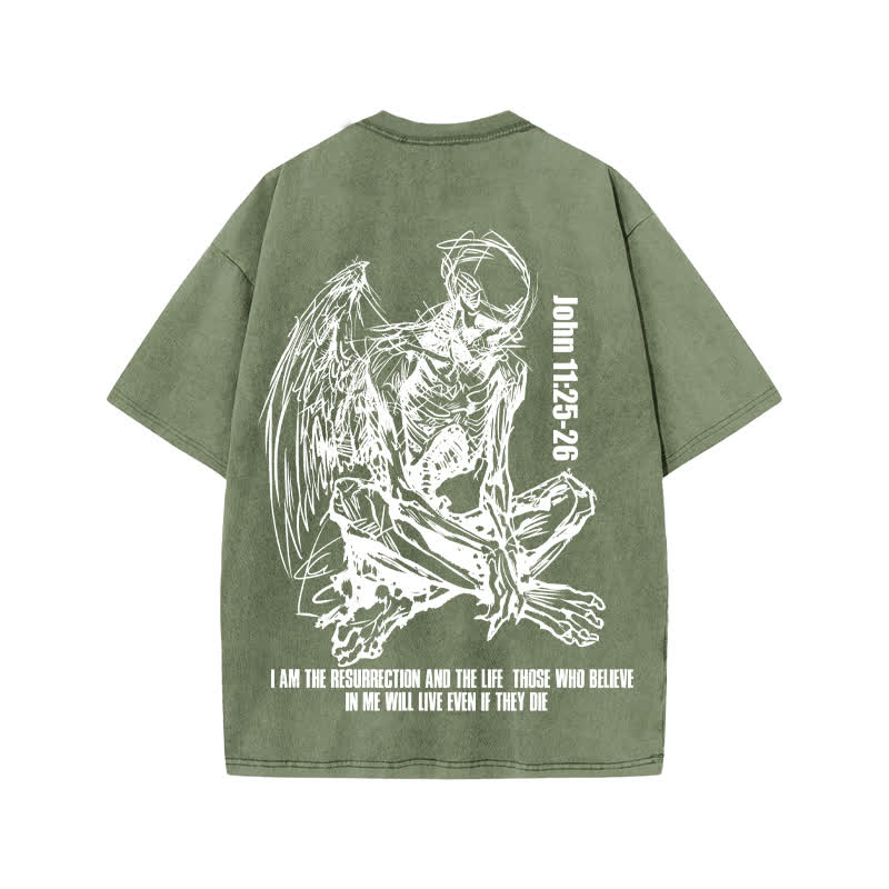 Unisex John 11:25-26 Print Acid Washed T-shirt - Army Green - US20-22(3XL) - image 5
