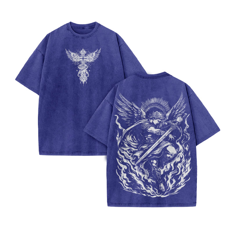 The Angel Is Surrounded By Flame Print Acid Washed T-shirt - Blue - US20-22(3XL) - image 10