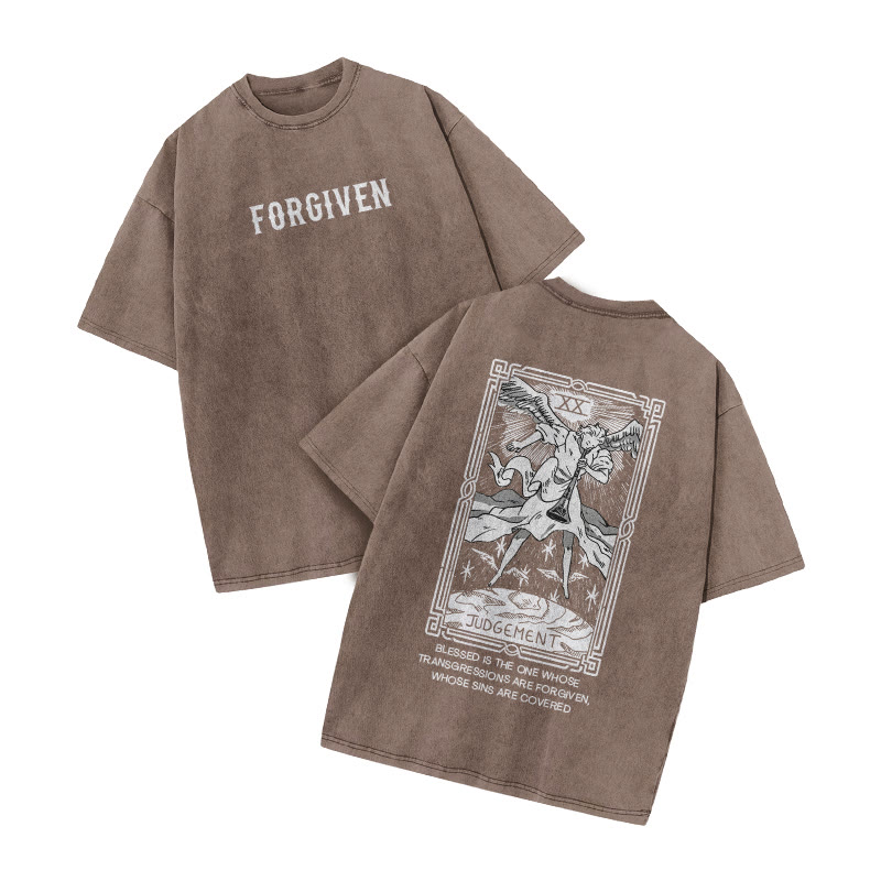 Forgiven Tarot Judgement Print Acid Washed T-shirt - Coffee - US20-22(3XL) - image 4