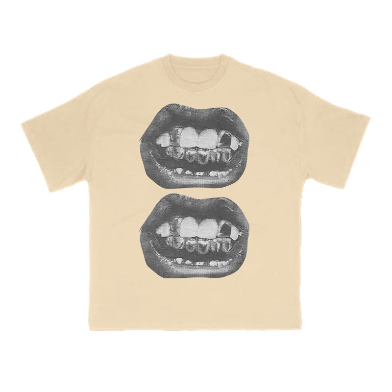 Unisex 100% Cotton Metal Teeth Print T-shirt - Apricot - US16-18(2XL) - image 5