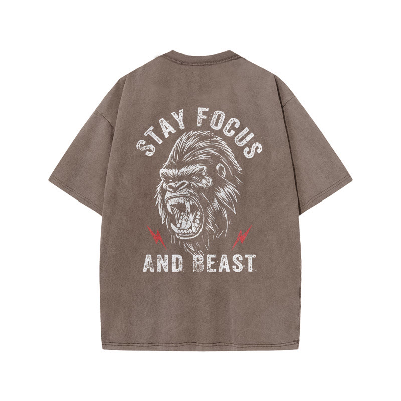100% Cotton Stay Focus And Beast Gym Print Acid Washed T-shirt - Coffee - US20-22(3XL) - image 4