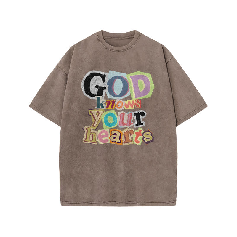 Unisex God Knows Your Hearts Print Acid Washed T-shirt - Coffee - US20-22(3XL) - image 3