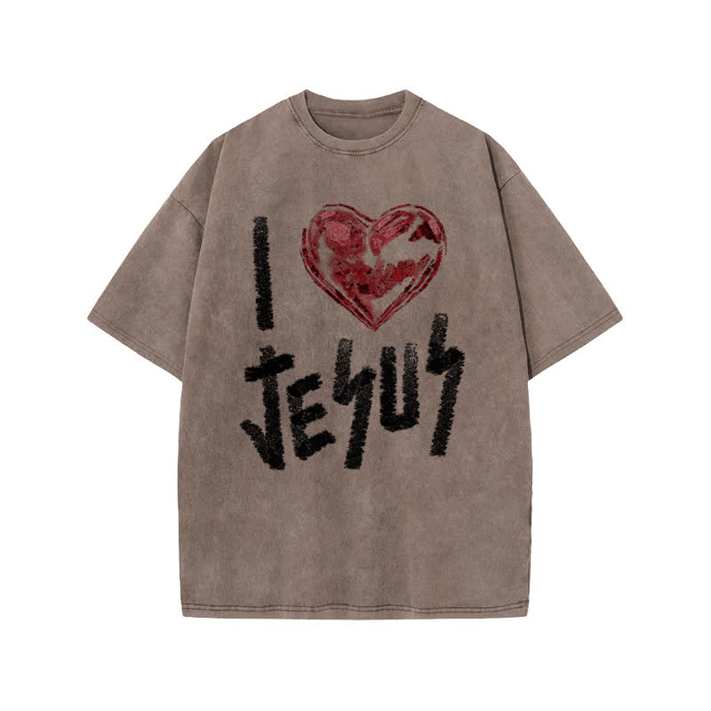 Unisex 100% Cotton I Love Jesus Print Acid Washed T-shirt - Coffee - US20-22(3XL) - image 3