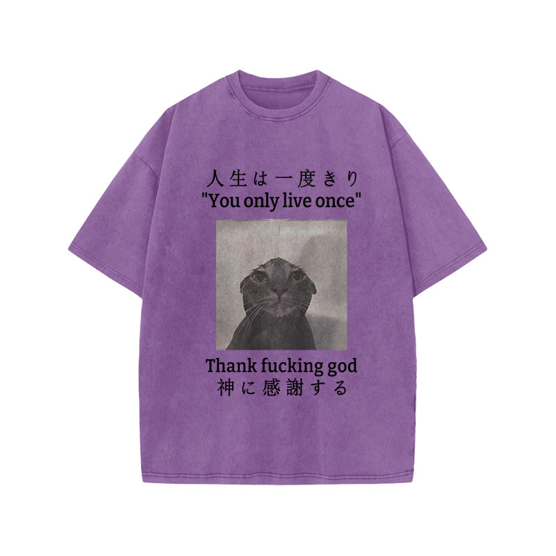 Unisex 100% Cotton Funny Melancholy Cat Print Acid Washed T-shirt