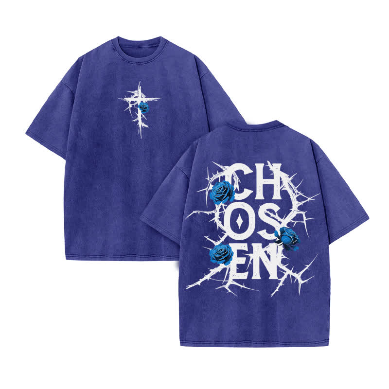 Unisex 100% Cotton JESUS CHOSEN Print Acid Washed T-shirt - Blue - US20-22(3XL) - image 10