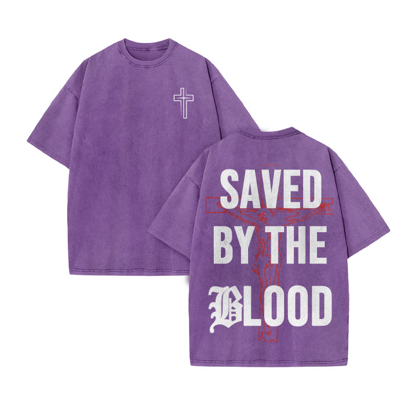 Unisex 100% Cotton Saved By The Blood Cross Print Acid Washed T-shirt