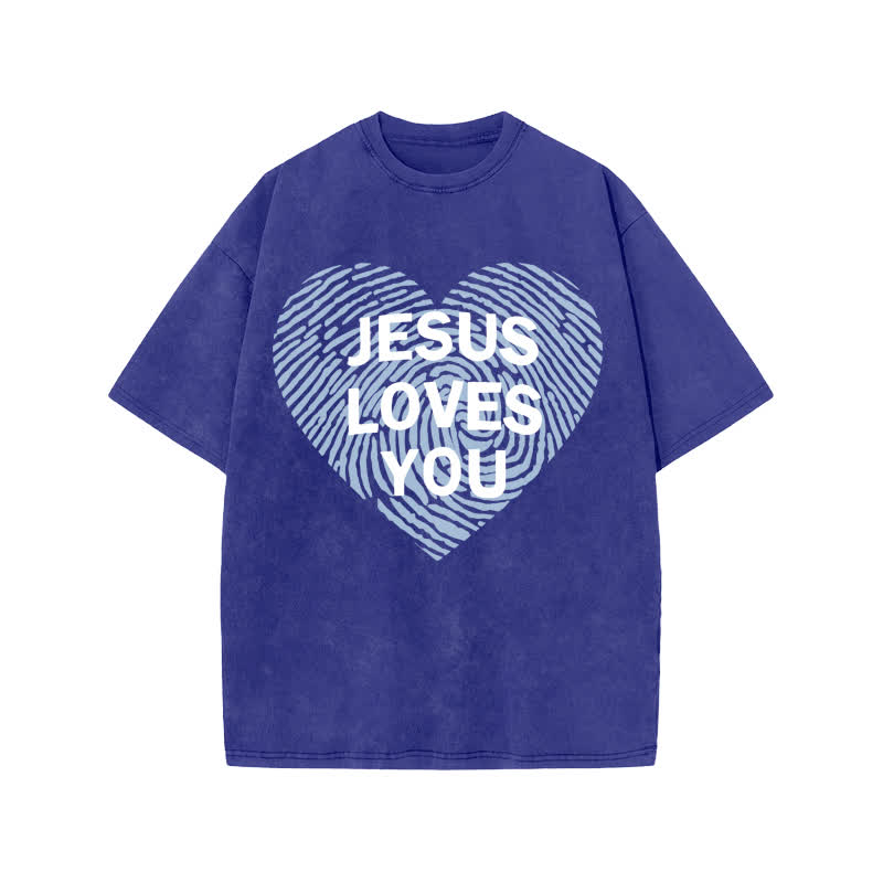 Unisex 100% Cotton JESUS LOVES YOU Print Acid Washed T-shirt - Blue - US20-22(3XL) - image 8