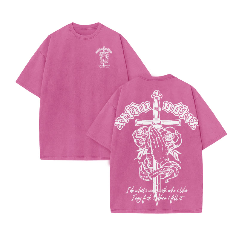 Unisex 100% Cotton Praying Hands Rose Print Acid Washed T-shirt - Pink - US20-22(3XL) - image 8
