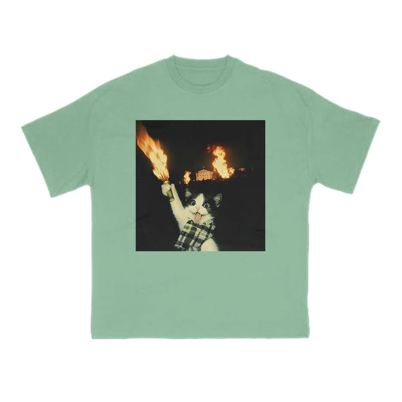 Unisex 100% Cotton Mischievous Cat Print T-shirt - Green - US16-18(2XL) - image 10