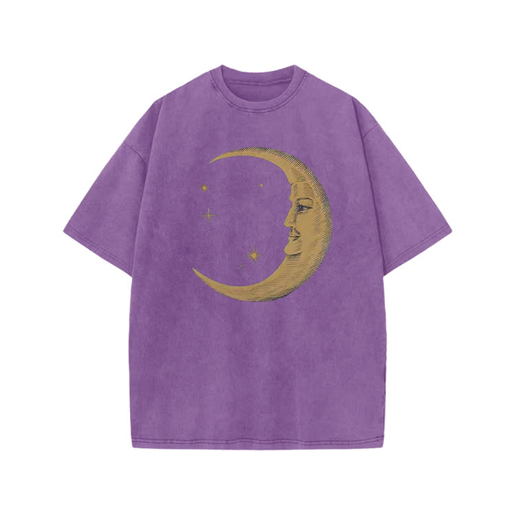 Vintage Moon Face Print Acid Washed T-shirt - Purple - US20-22(3XL) - image 4