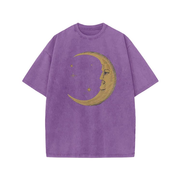 Vintage Moon Face Print Acid Washed T-shirt - Purple - US20-22(3XL) - image 4