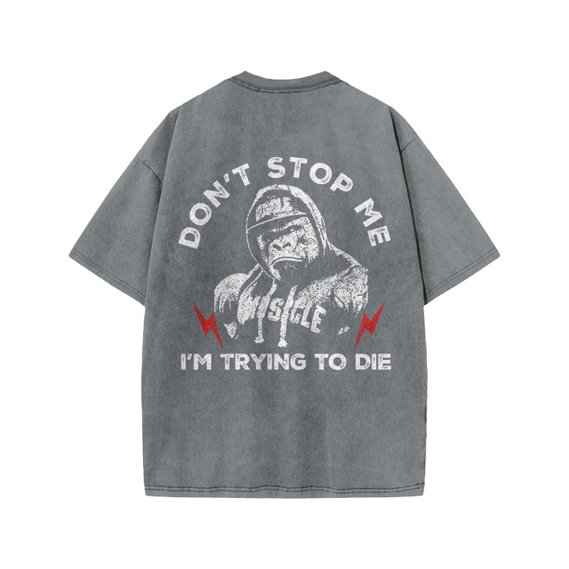 100% Cotton DON'T STOP ME Gym Print Acid Washed T-shirt - Grey - US20-22(3XL) - image 3