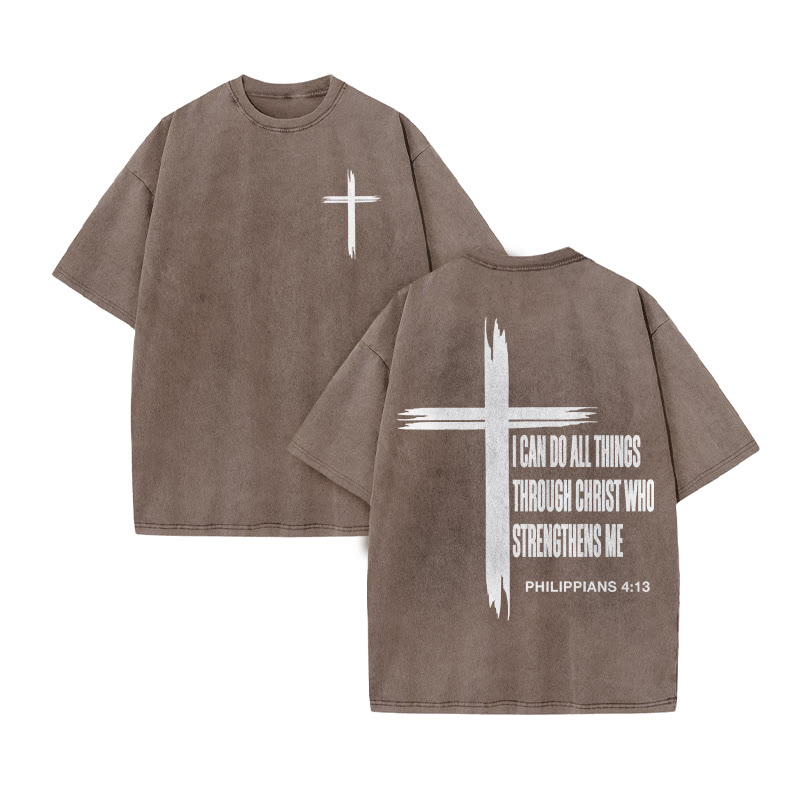 Unisex 100% Cotton Philippians 4:13 Print Acid Washed T-shirt - Coffee - US20-22(3XL) - image 9