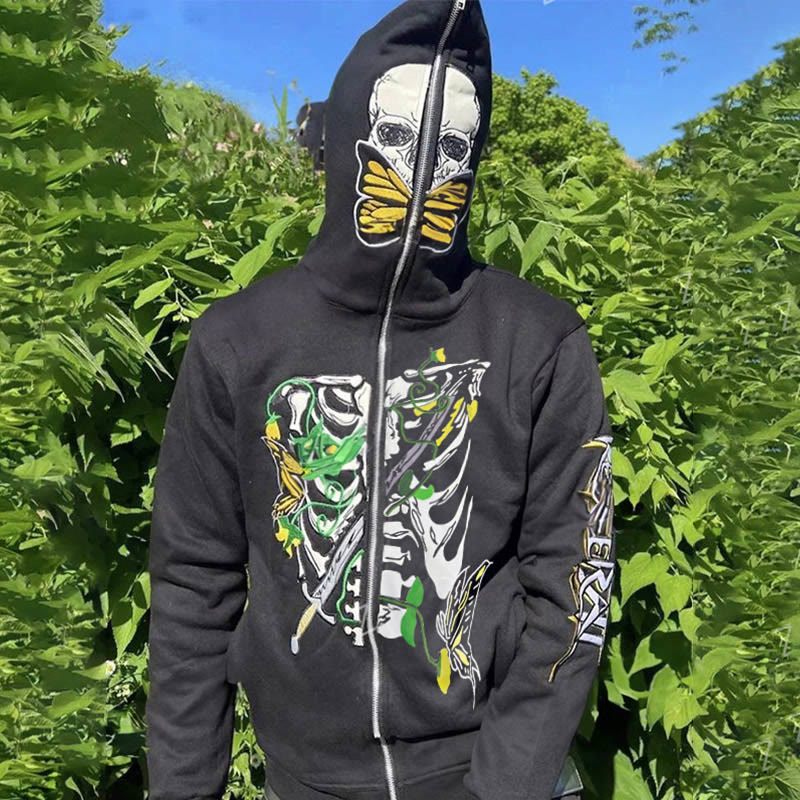 Men's Skull Skeleton Print Full Zip Up Hoodie