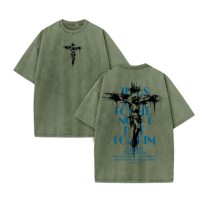 Unisex 100% Cotton Jesus Forgiveness Print Acid Washed T-shirt - Army Green - US20-22(3XL) - image 6