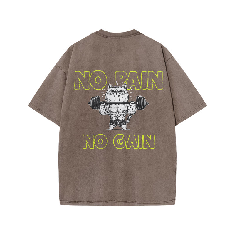 100% Cotton NO PAIN NO GAIN Gym Print Acid Washed T-shirt - Coffee - US20-22(3XL) - image 5