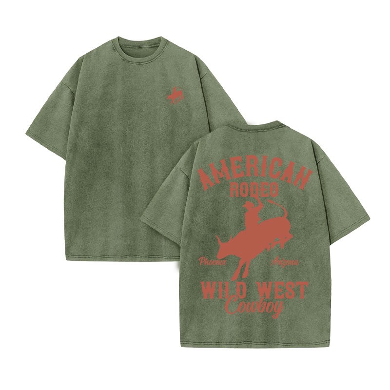 Unisex 100% Cotton RODEO Western Style Print Acid Washed T-shirt
