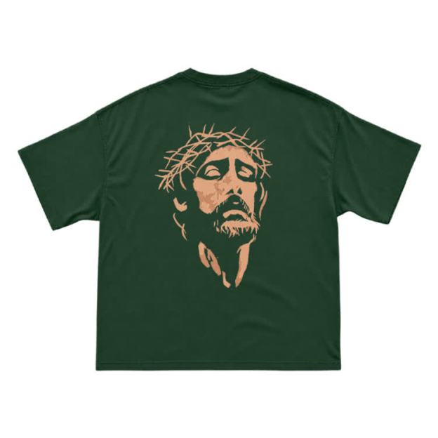 Jesus Portrait Neck Back Graphic T-Shirt - Green - US16-18(2XL) - image 4