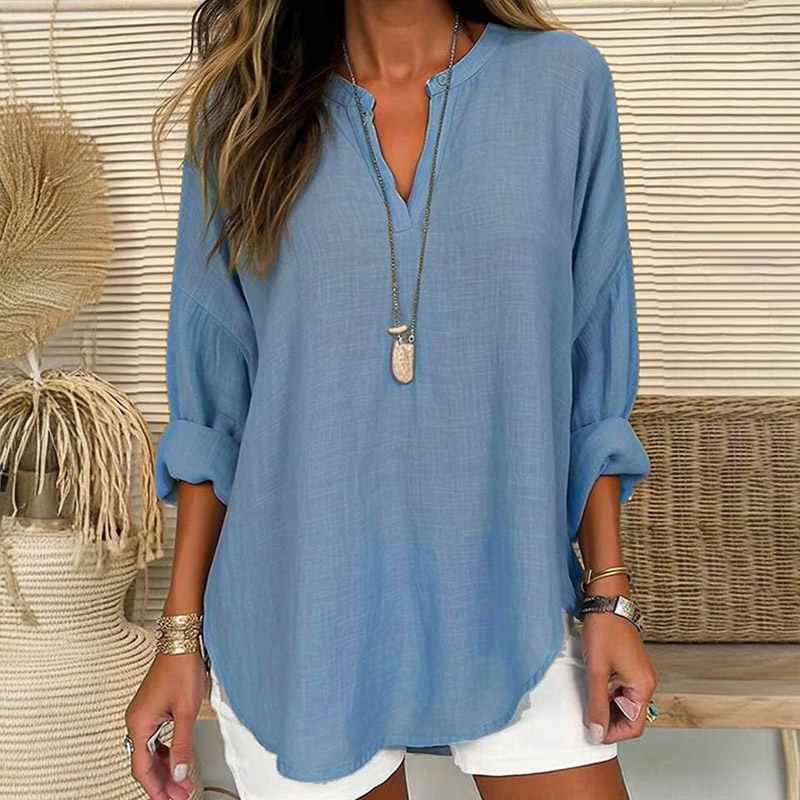 V-neck Casual Long-sleeved Top - Blue - 5XL - image 1