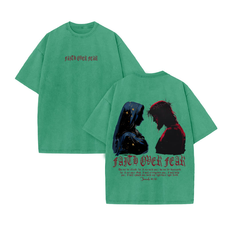 Unisex 100% Cotton FAITH OVER FEAR Print Acid Washed T-shirt