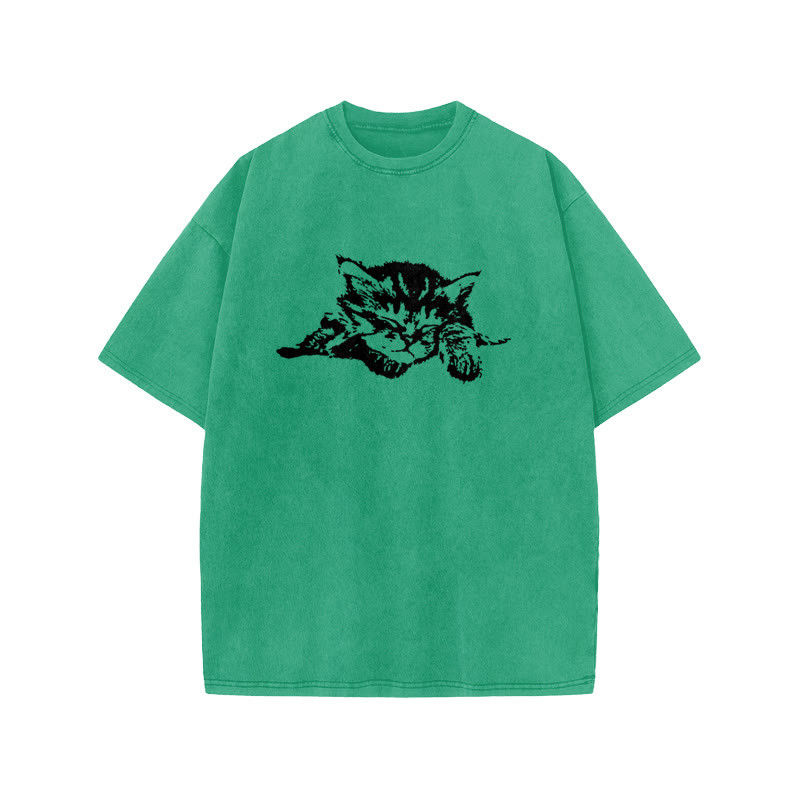 Unisex 100% Cotton Quiet Sleeping Cat Print Acid Washed T-shirt - Green - US20-22(3XL) - image 6