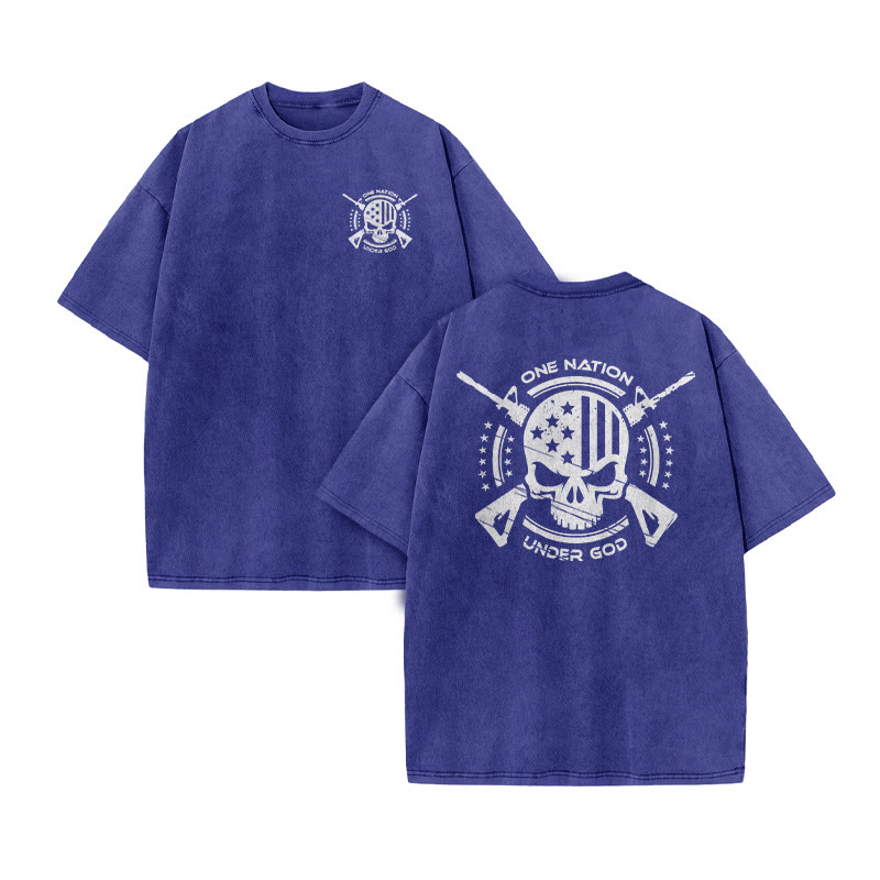 Unisex 100% Cotton One Nation Under God Print Acid Washed T-shirt - Blue - US20-22(3XL) - image 7