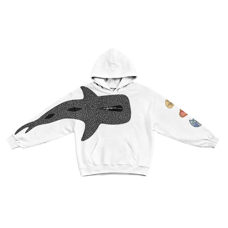Urban Streetwear Asymmetric Fish Motif Long Sleeve Graphic Print Hoodie - White - US16-18(2XL) - image 3