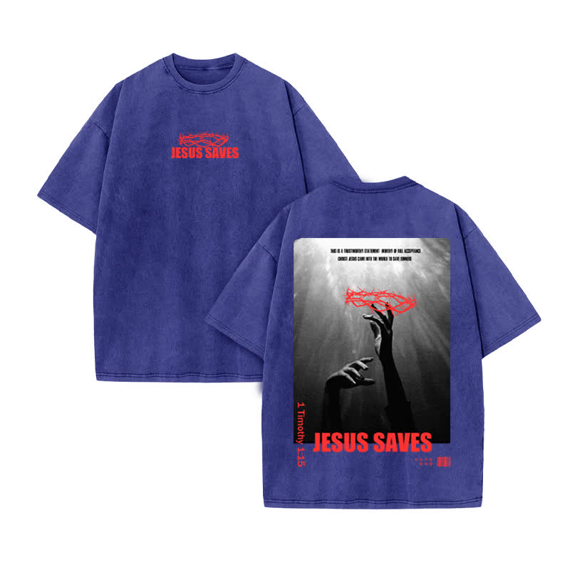 Unisex 100% Cotton Jesus Saves Print Acid Washed T-shirt - Blue - US20-22(3XL) - image 10