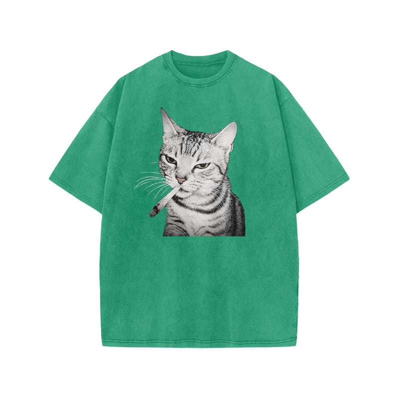 Tabby Cat With A Cigarette In Its Mouth Print Acid Washed T-shirt - Green - US20-22(3XL) - image 8