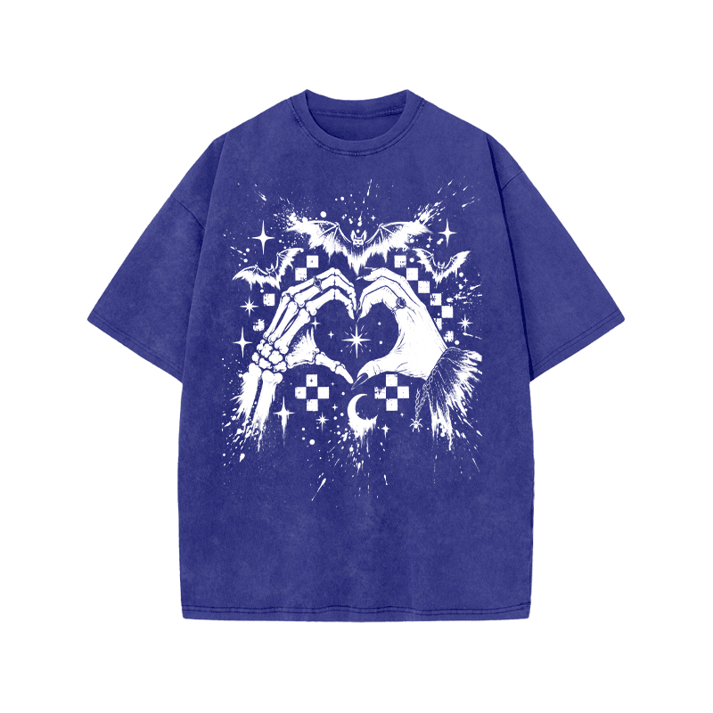 Gothic Heart Hands Round Neck Graphic Print Acid Washed T-Shirt - Blue - US20-22(3XL) - image 7