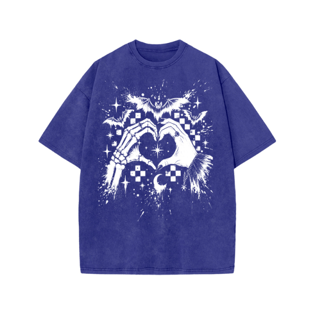Gothic Heart Hands Round Neck Graphic Print Acid Washed T-Shirt - Blue - US20-22(3XL) - image 7