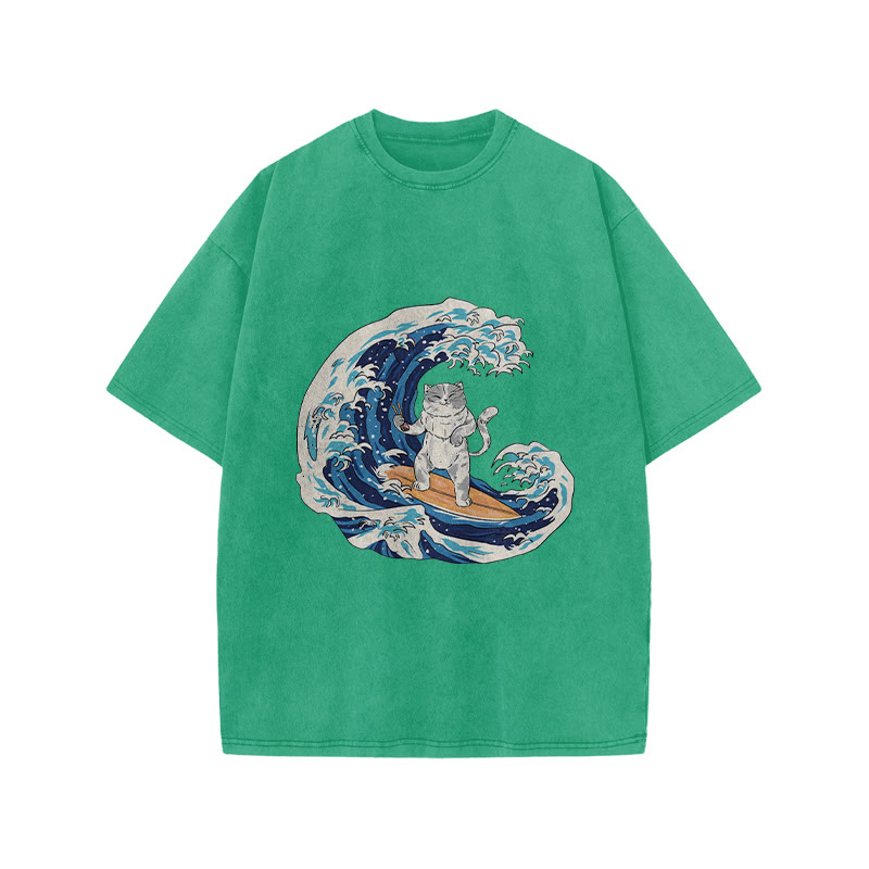 Unisex 100% Cotton Cat Surfing Japan Print Acid Washed T-shirt