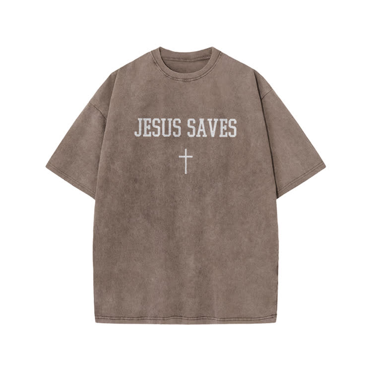 Jesus Saves Cross Print Acid Washed T-shirt - Coffee - US20-22(3XL) - image 4