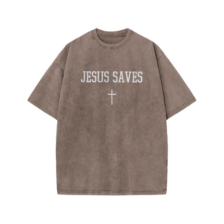Jesus Saves Cross Print Acid Washed T-shirt - Coffee - US20-22(3XL) - image 4