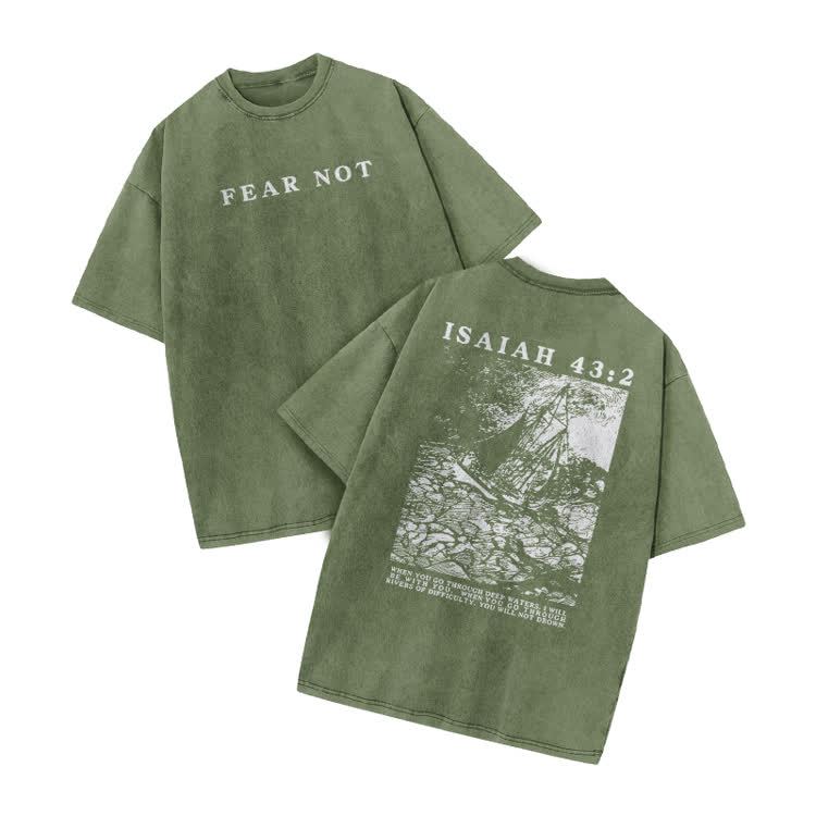 Street Fear Not Isaiah 43:2 Print Acid Washed T-shirt - Army Green - US20-22(3XL) - image 5