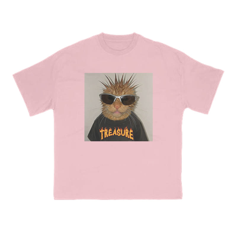 Unisex 100% Cotton Punk Cat Creative Print T-shirt - Pink - US16-18(2XL) - image 9