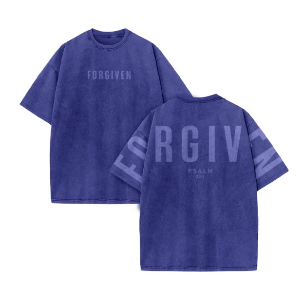 Unisex Forgiven Psalm 32:1 Print Acid Washed T-shirt - Blue - US20-22(3XL) - image 6