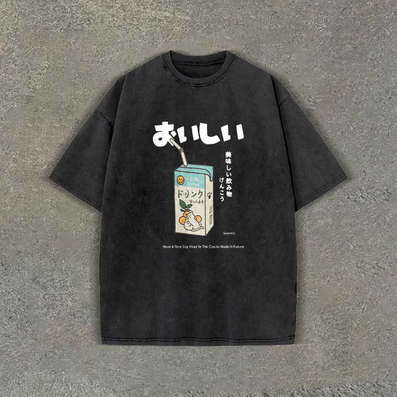 Unisex 100% Cotton Japanese Drink Pattern Letter Print Acid Washed T-shirt