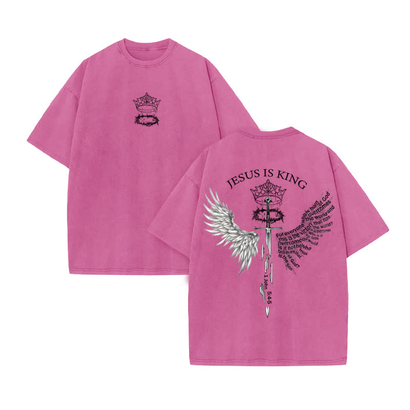 Unisex 100% Cotton Jesus Is King Scripture Wings Print Acid Washed T-shirt - Pink - US20-22(3XL) - image 8