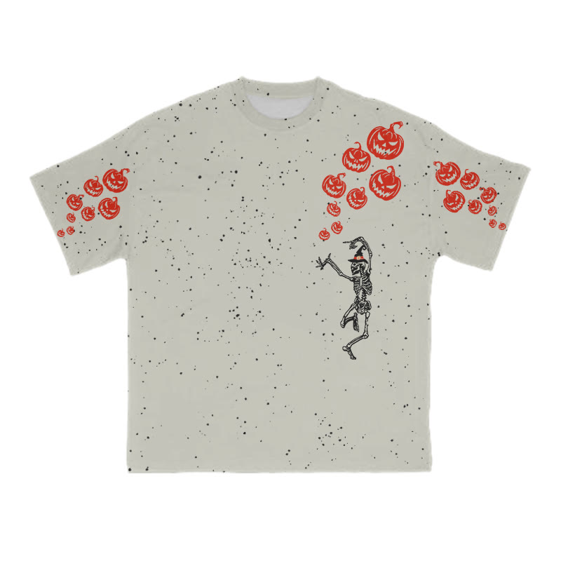 Unisex Dancing Skeleton Pumpkin Halloween Print T-shirt - Grey - 8XL - image 4
