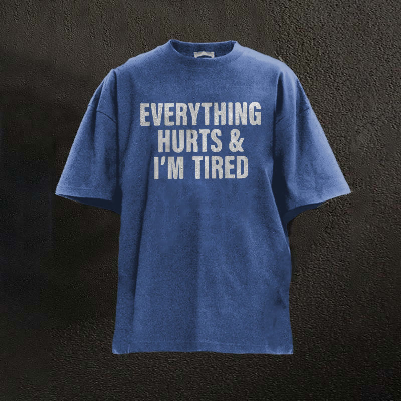 100% Cotton Everything Hurts And I'm Tired Printed Washed Gym T-shirt - Blue - 2XL - image 7